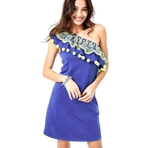 Lilly Pulitzer Idara One-Shoulder Ruffle Dress - Corsica Blue Pom xs